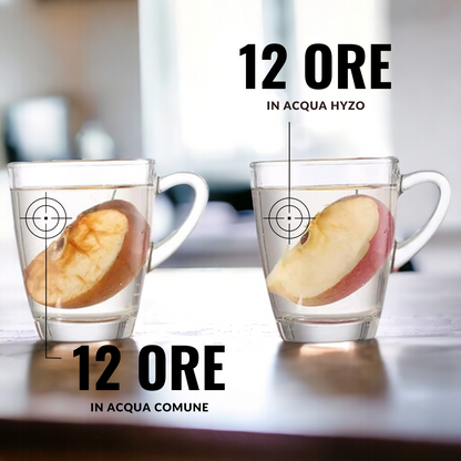 Bicchiere con due fette di mela: una immersa in acqua normale mostra appassimento dopo 12 ore, mentre l'altra in acqua all'idrogeno rimane sorprendentemente fresca, evidenziando i benefici antiossidanti dell'idrogeno molecolare.